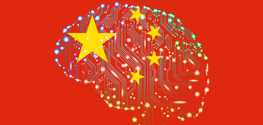 A flag of the People's Republic of China (PRC) with a brain made up of parts of a chip inside it.